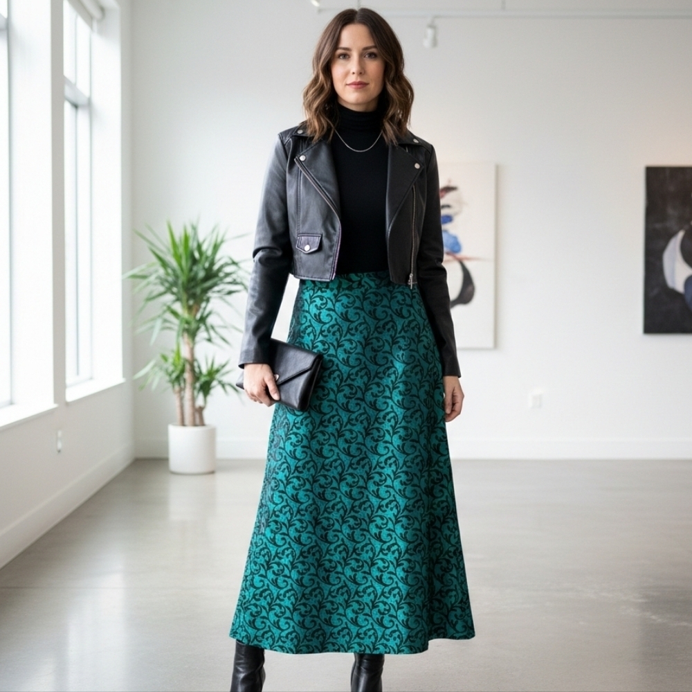 Floral Print Maxi Skirt Peck & Peck Green Black Long Size 8 A-Line Emerald Black